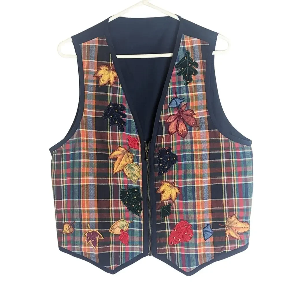 Vintage Plaid Fall Zip Up Front Vest Patchwork Art To Wear Women's Size Large